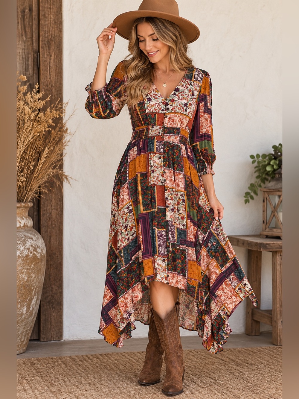 Olivaceous Patchwork Floral Boho Midi Maxi Dress Size M